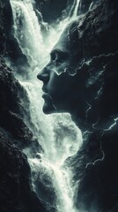 Aufkleber - Mystical man's profile emerges in glowing mist above powerful waterfalls, symbolizing serenity and strength in nature's embrace
