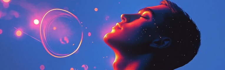 Poster - Mystical profile of a man infused with glowing celestial patterns and planetary rings sparking infinite wonder