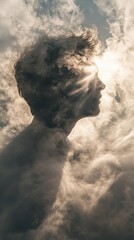 Poster - Mystical man's profile illuminated by beams of light through fog in a serene atmosphere
