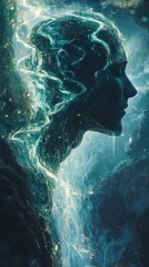 Aufkleber - Mystical profile of a man infused with glowing rivers and waterfalls representing natural energy and power