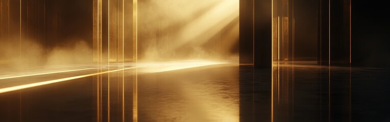Aufkleber - Mysterious dark room with golden beams illuminating a misty atmosphere and reflective glass floor