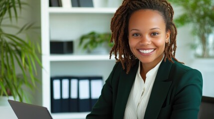 Poster - Young woman with dreadlocks smiles while working on her laptop in a bright, modern office with plants and organized shelves