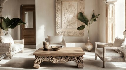 Aufkleber - Cozy living space featuring a carved wooden coffee table and linen-covered armchairs in soft neutral tones