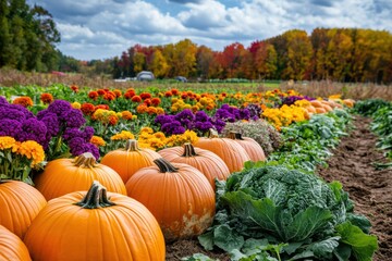 Aufkleber - Lush vegetable garden exhibiting vibrant pumpkins, colorful flowers, and healthy crops under a bright sky. Generative AI