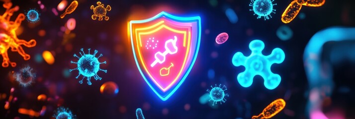 Fototapete - Shield protecting against harmful microbes and enhancing safety during health challenges. Generative AI
