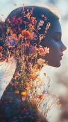 Aufkleber - Woman embodying natural harmony with glowing wildflowers and soft grasses at sunset in a serene landscape