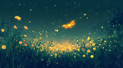Wall Mural - A firefly flashing rhythmically flat design top view meadow theme animation complementary color scheme. glittering firefly meadow. illustration. Fireveil. Illustration