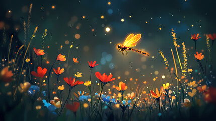a firefly hovering near a patch of colorful flowers, organic, colorful. fireveil. illustration
