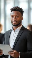 Aufkleber - Confident professional holding a tablet in a modern office setting during the day
