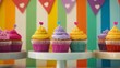 © Peerarut - Fun and vibrant rainbow cupcakes with colorful frosting and playful decorations, set in a lively dessert table full of energy and cheer