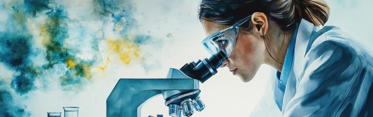 Fototapete - Portrait of a dedicated scientist observing samples under a microscope in a vibrant watercolor environment