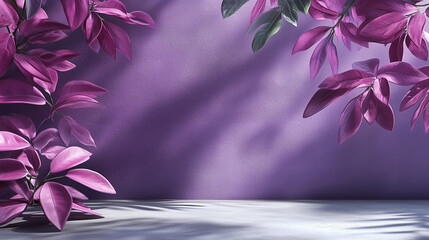 Poster - Abstract purple background featuring plant shadows on a textured concrete wall with purple leaves. Grunge aesthetic and tropical summer atmosphere in an empty interior mockup, ideal for product presen