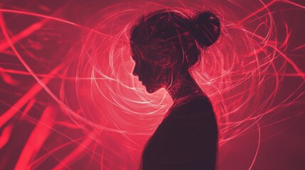Fototapete - Person surrounded by swirling lines and abstract shapes in vibrant red hues during a creative artistic expression. Generative AI