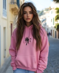 Wall Mural - Young woman in pink hoodie outdoors.