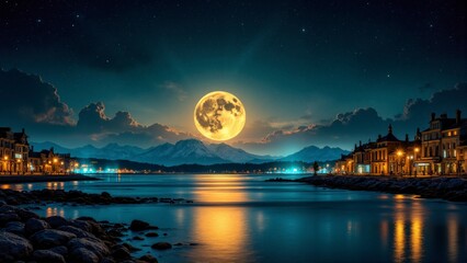 Wall Mural - A large full moon is reflected in the water of a lake