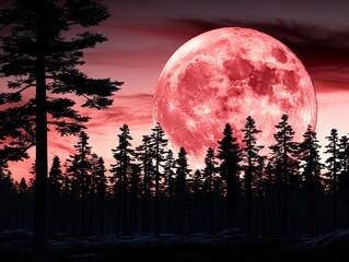a full moon in the sky over a forest with trees