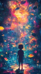 Aufkleber - Child experiencing a magical underwater world filled with colorful glowing fish and vibrant hues in a dreamlike setting