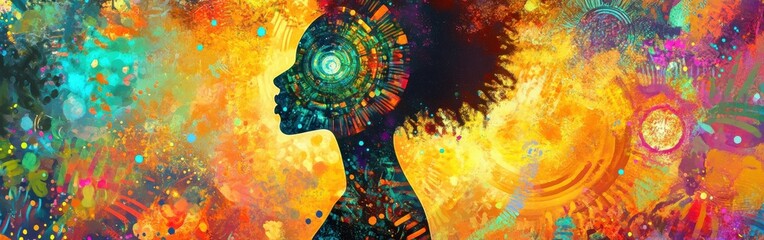 Aufkleber - Vibrant visualization of a woman's silhouette with colorful abstract patterns and designs