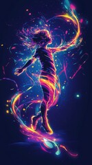 Leinwandbilder - Child radiating vibrant energy in a colorful glow while dancing joyfully in a dark surreal background