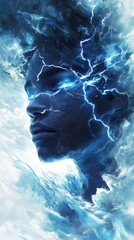 Poster - Vibrant artistic representation of a face merged with electric storm elements in a surreal composition