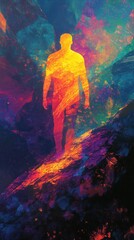 Poster - Vibrant silhouette of a man walking on a colorful landscape at dusk with abstract textures