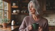 © vadosloginov - Thoughtful middle-aged woman enjoys a warm drink while gazing out the window in a cozy kitchen setting