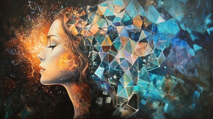 Poster - Surreal artwork depicting a glowing woman with a fragmented mind in vibrant hues of blue and orange