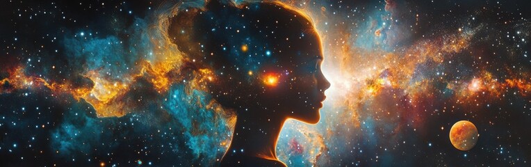 Poster - Surreal depiction of a glowing woman amidst cosmic elements in a dreamlike universe