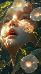Leinwandbilder - Surreal representation of a child's face surrounded by flowers and natural light