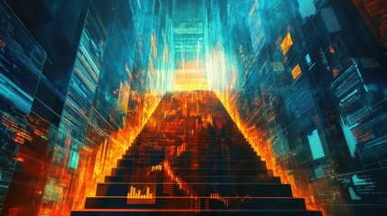 Leinwandbilder - Conceptual visualization of a digital ascent with glowing data patterns and cascading light effects