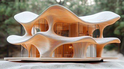 An odd architecture design featuring twisted, spiraling structures that seem to defy gravity 