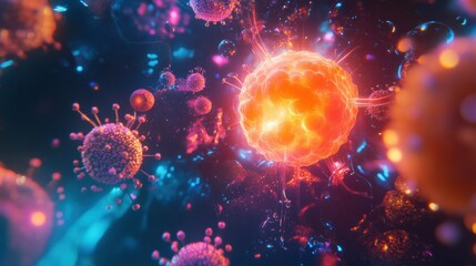 Aufkleber - Glowing cell illuminated in a hostile environment filled with aggressive viruses and pathogens. Generative AI