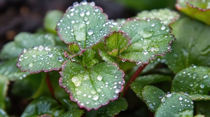 Poster - Dewdrops glisten on lush green leaves in early morning light, showcasing nature's beauty and freshness