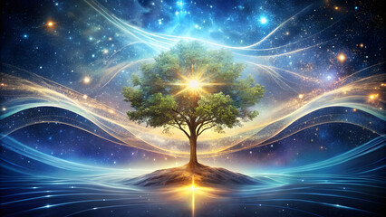 Wall Mural - Cosmic Tree of Light with Starlight Branches. Perfect for: Earth Day, Spiritual Growth Events, Nature-Themed Celebrations
