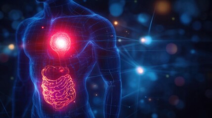 Poster - Glowing human torso with vibrant red focal point in the abdominal region showcasing internal vitality and energy flow. Generative AI
