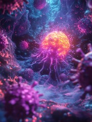 Poster - Glowing cell illuminated amidst hostile viruses in a vibrant microscopic environment. Generative AI