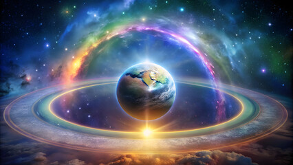 Wall Mural - Planet with Rainbow Halo in Starry Cosmic Background. Perfect for: New Year's Celebrations, Planetariums, Visionary Events