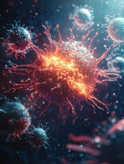 Aufkleber - Glowing cell under threat from invading menacing viruses in a dynamic and colorful environment. Generative AI