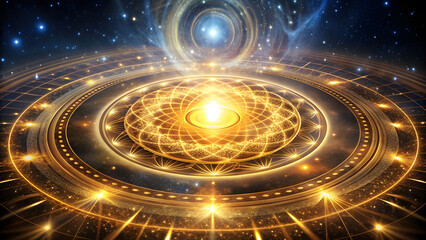 Wall Mural - Golden Circular Pattern Surrounded by Starlight. Perfect for: Meditation Retreats, Wellness Events, Sacred Art Installations
