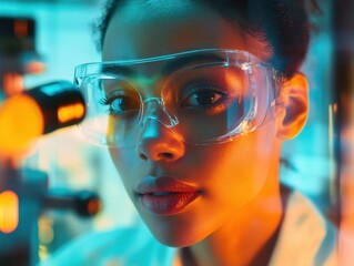 Poster - Portrait of a scientist focused on research while examining samples under a microscope in a laboratory setting