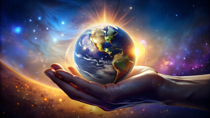Wall Mural - Cosmic Hand Cradling Earth with Golden Light. Perfect for: Earth Day, Environmental Campaigns, Inspirational Posters