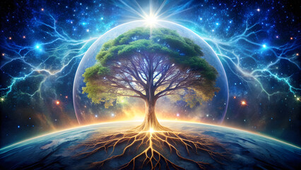 Wall Mural - Energy Tree Connecting Cosmos and Earth. Perfect for: Earth Day, Spiritual Festivals, Nature-Themed Celebrations