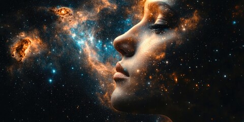 Wall Mural - the image features a person's face integrated with the cosmos, set against a nebula background.