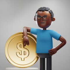 Aufkleber - A 3D cartoon of a man with glasses leaning on a large gold dollar coin.