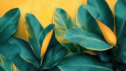Aufkleber - Vibrant emerald green leaves with striking yellow highlights against a bright backdrop