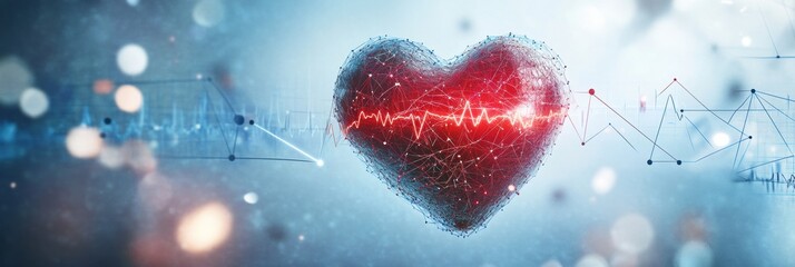 Aufkleber - Dynamic red heart glowing vividly with cardiogram displaying heartbeat and connectivity in a digital environment. Generative AI