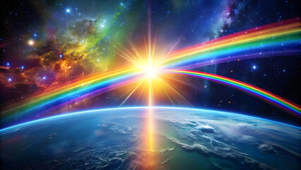 Wall Mural - Rainbow-Colored Light Beam Connecting Space to Earth. Perfect for: Transformational Events, Energy Healing Sessions, Spiritual Ceremonies