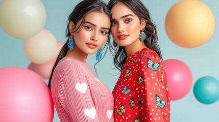 Wall Mural - two cute indian girls wearing pink long sleeved knit sweater standing together