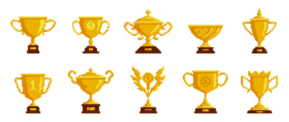 Wall Mural - winner golden cups. pixel 8 bit game sprites, trophy goblets, mobile app elements, victory symbols, 