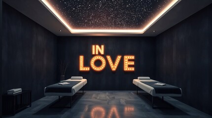 a modern spa salon in a strong moody style. Two massage couches, a glowing IN LOVE inscription, and a starry ceiling. Black interior with ceiling starry sky